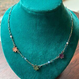 Y2K Flower Power Necklace with Cat's Eye Bead Silver Tone Metal